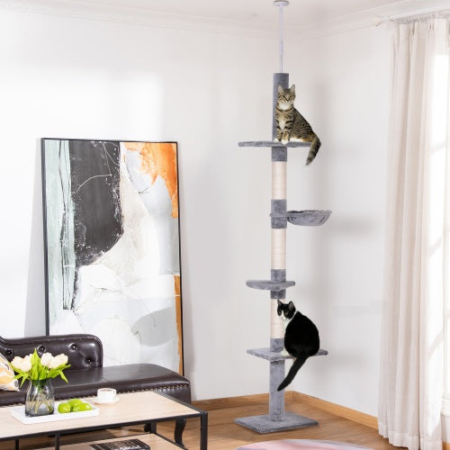 9 Foot Adjustable Height Floor To Ceiling Vertical Cat Tree - Grey And