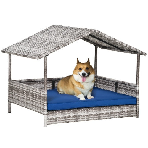 The Rattan Dog House Outdoors With A Canopy, The Rattan Dog Bed With A