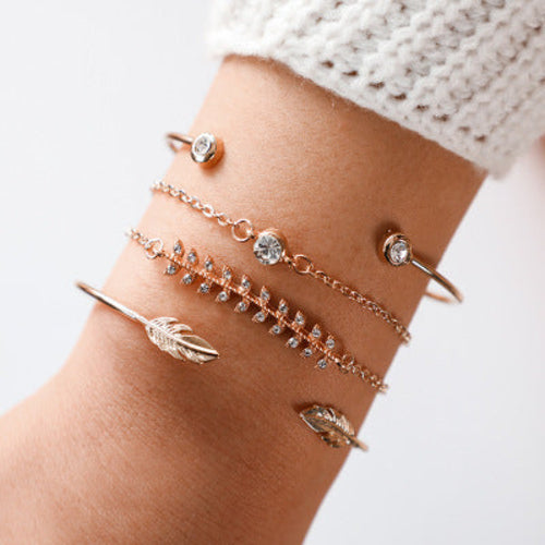 Trendy Gold Silver Crystal Leaf Moon Arrow Cat Bracelet set for Women