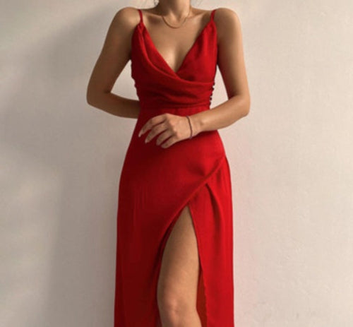 V-neck Slit Sling Dress Summer Fashion Sexy Slim Suspender Dresses For